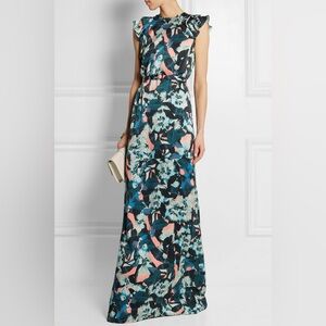 ERDEM Teal, Coral and Black Floral Maxi Dress